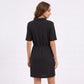 Waffle Knit Collared V-Neck Drawstring Short Dress
