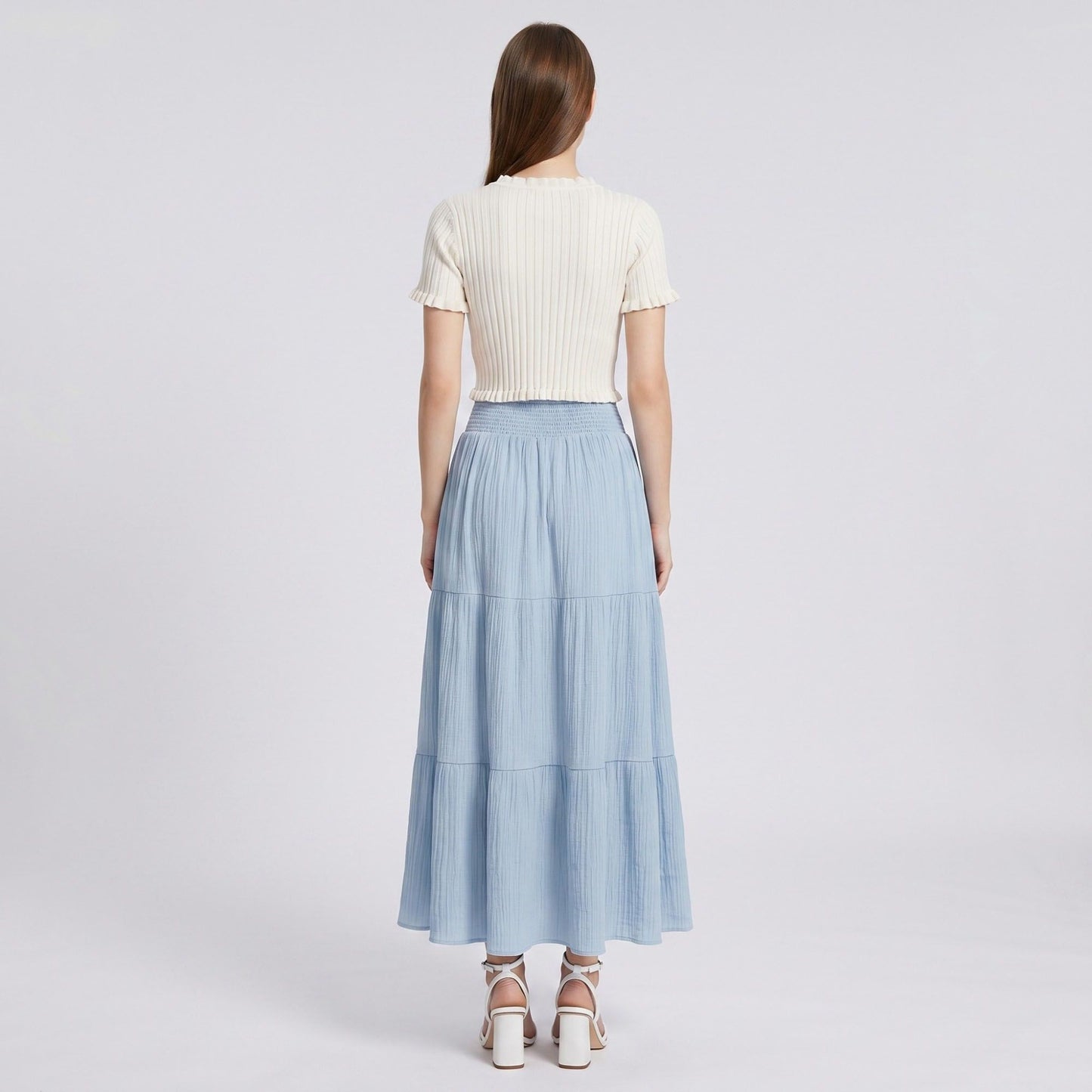 High Waist Smocked Tiered Maxi Skirt Boho Flowy Textured Long Skirt