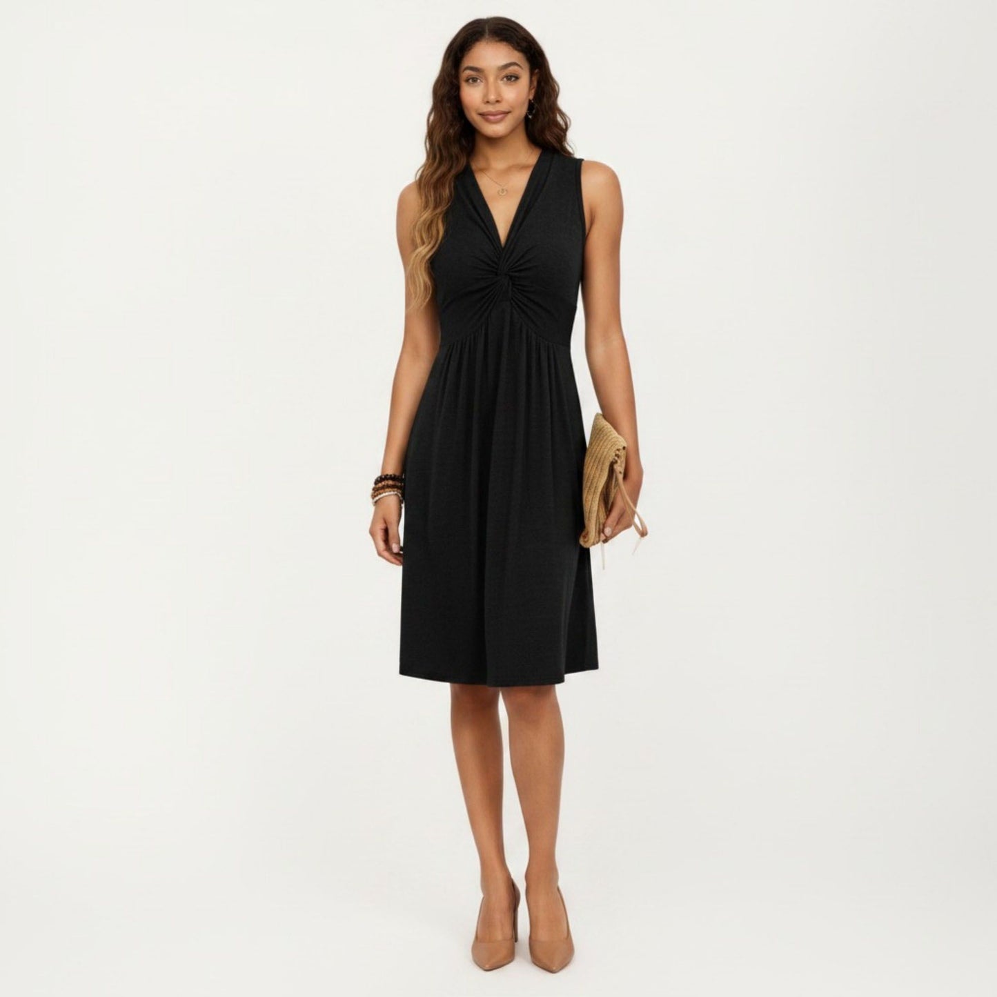 Sleeveless V Neck Midi Dress with Front Twist Detail and Flowy A Line Silhouette