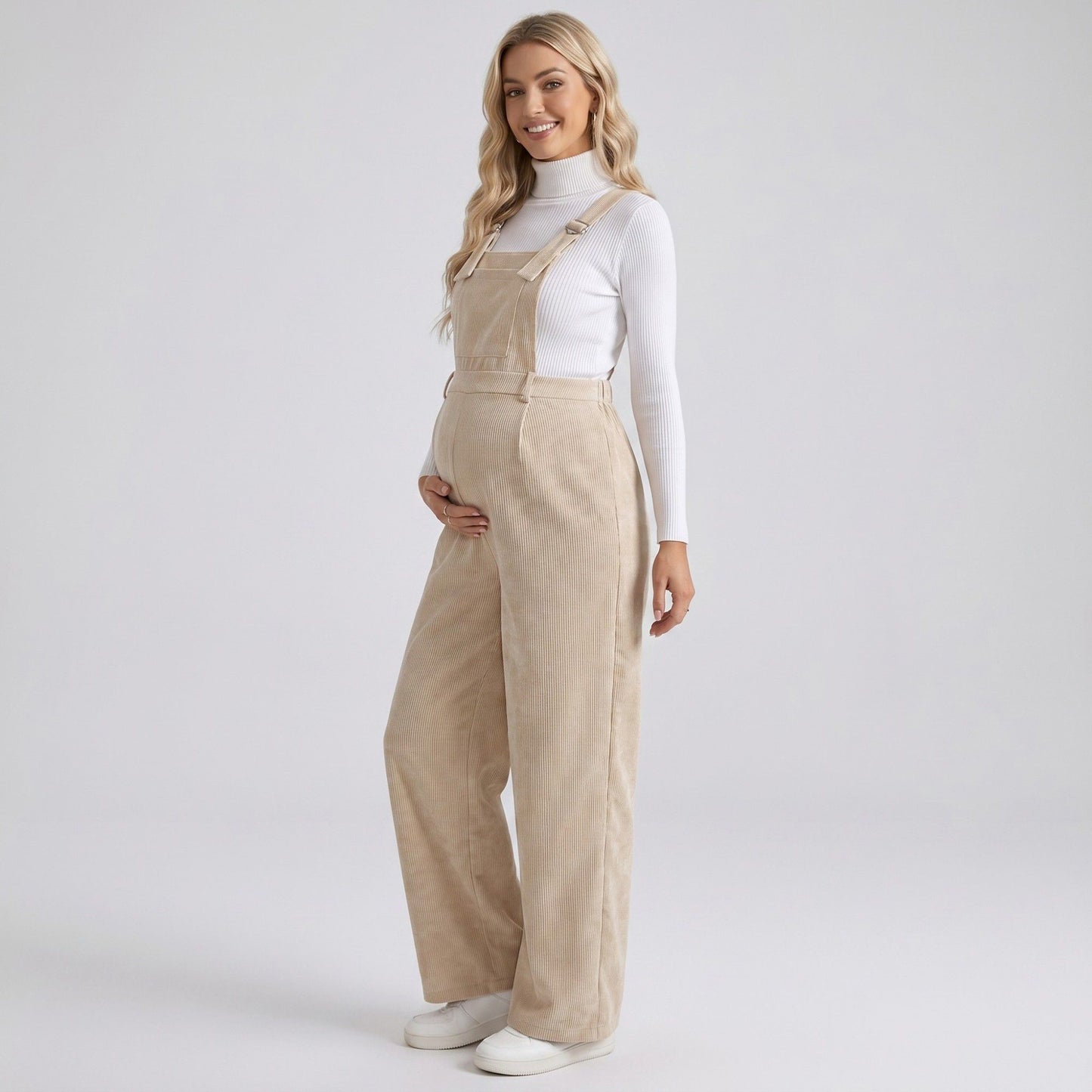 Maternity Corduroy Overall Jumpsuit with Adjustable Straps and Wide Leg Fit