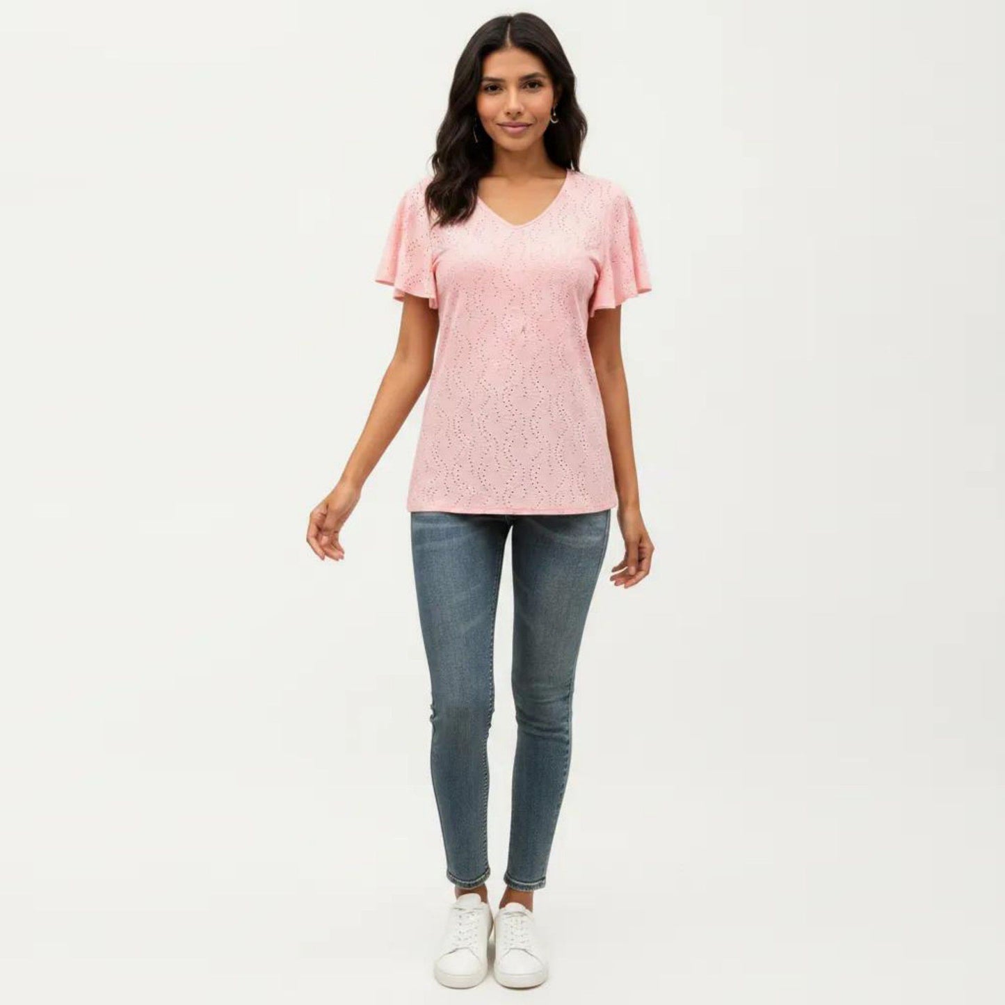 Short Sleeve Eyelet V-Neck Top with Floral Embroidery and Flutter Sleeves