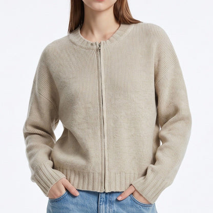 Rib Knit Full Zip Crewneck Cardigan Sweater