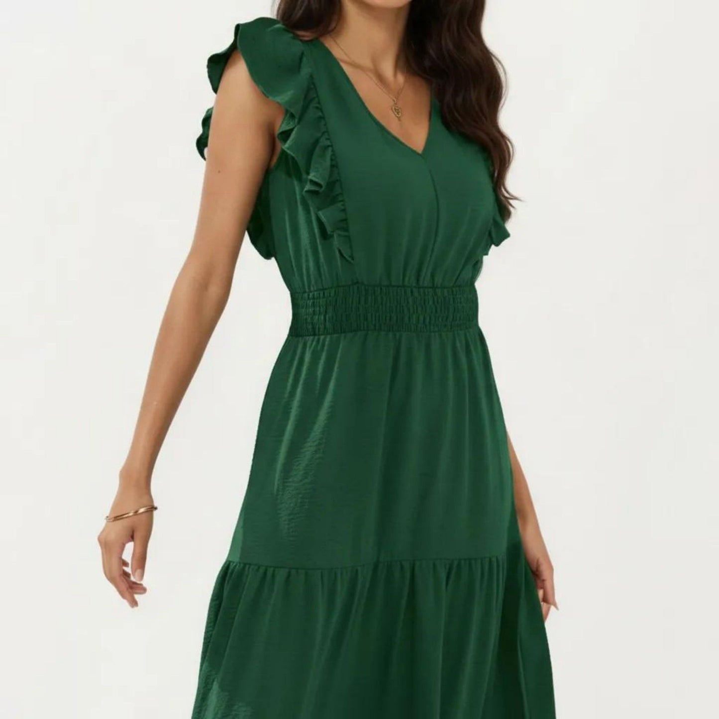 Tiered Midi Dress with Ruffle Sleeves and Smocked Waist