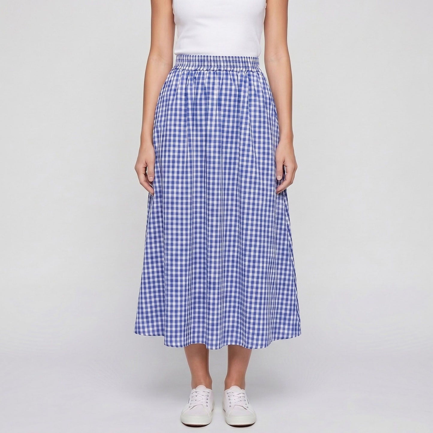 Gingham Midi Skirt with Smocked Waistband, Gathered A-Line Shape and Side Pockets