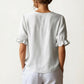 Ruffle Neck Blouse with Short Puff Sleeves and Textured Linen-Like Fabric