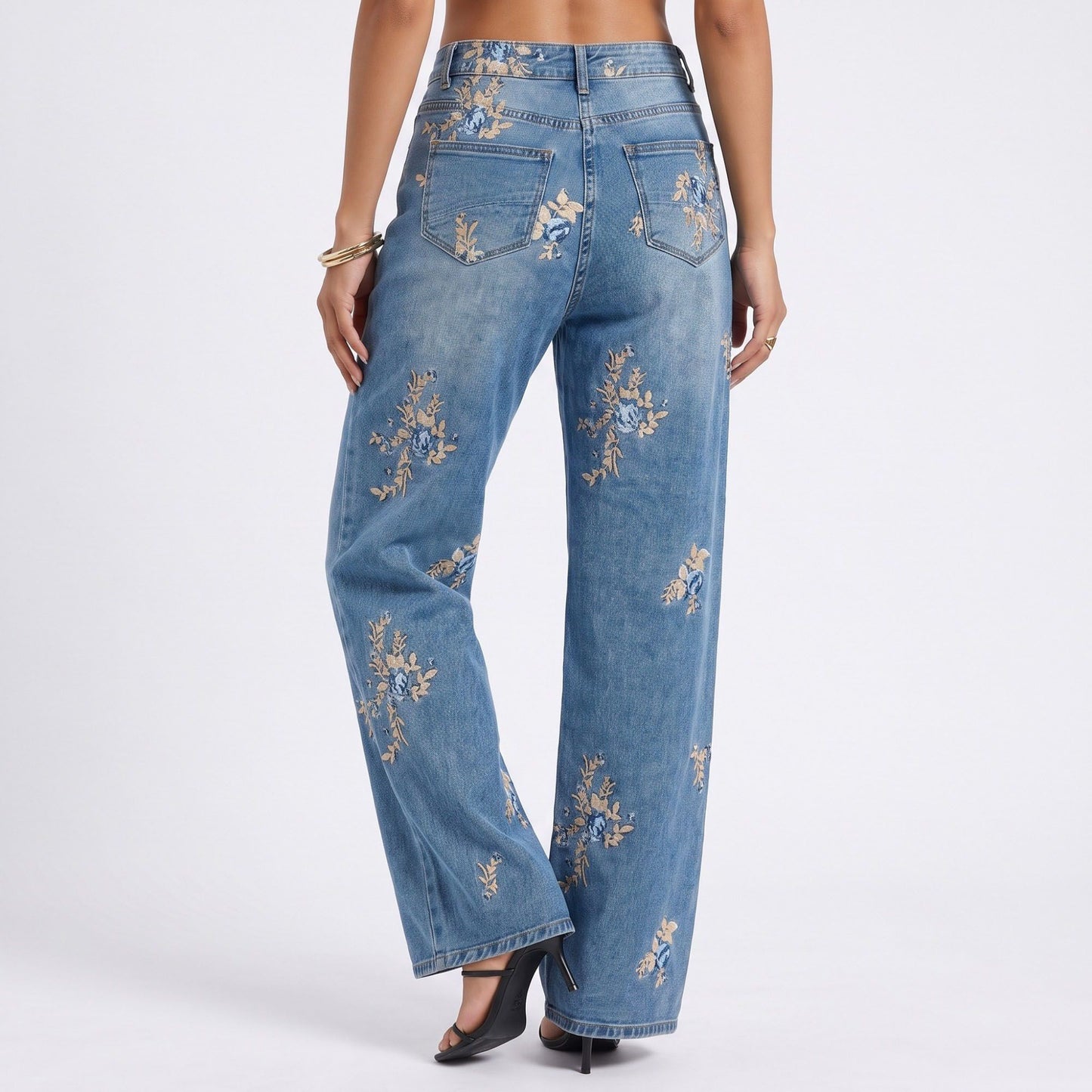 Floral Embroidered Wide Leg Jeans High Rise Relaxed Denim Pants