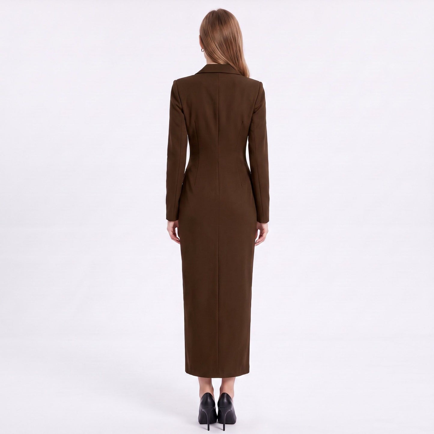 Long Sleeve Blazer Maxi Dress with Notched Lapels and Front Slit