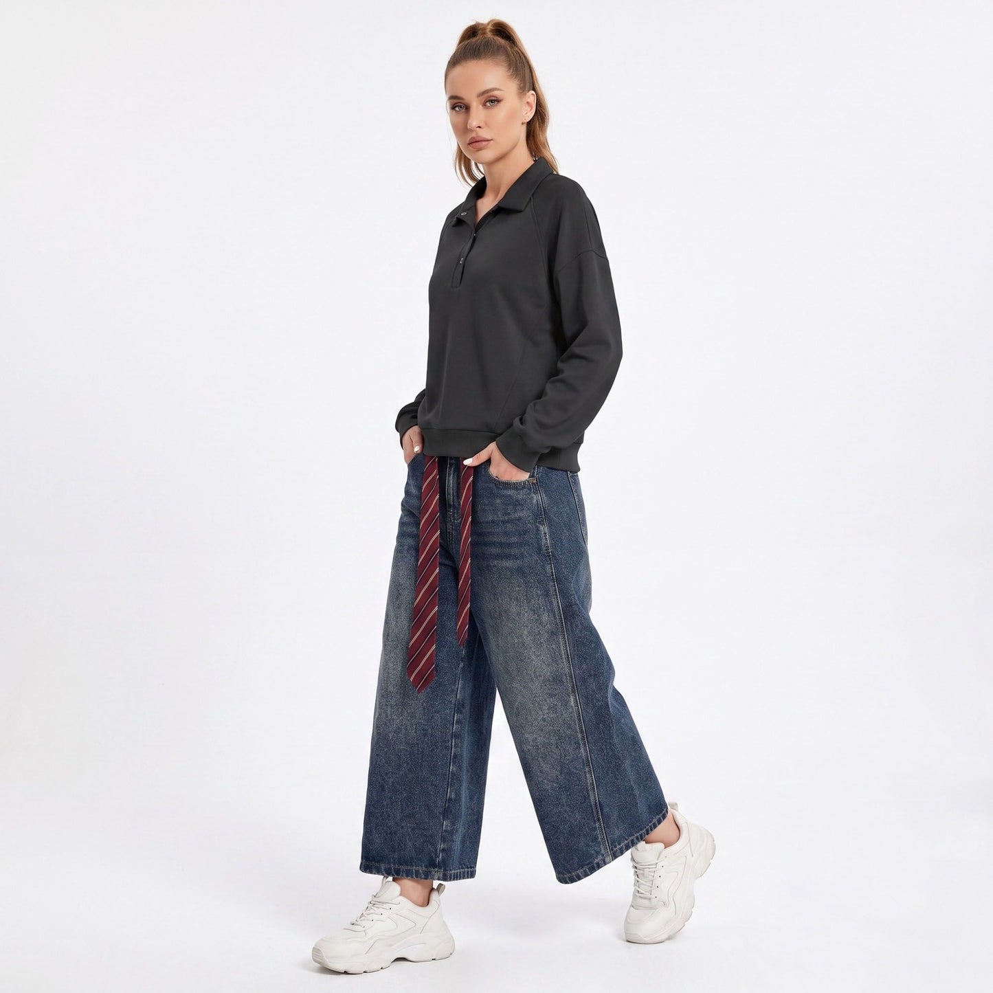 Long Sleeve Polo Sweatshirt with Snap Button Placket