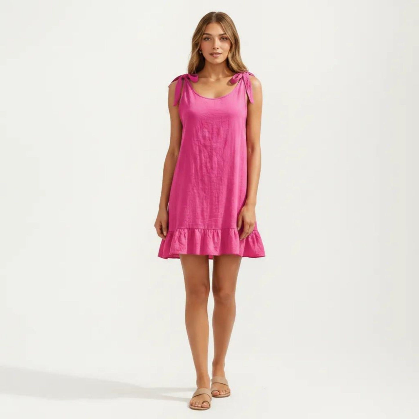 Sleeveless Swim Cover Up Dress with Tie Shoulder Straps and Ruffle Hem Detail