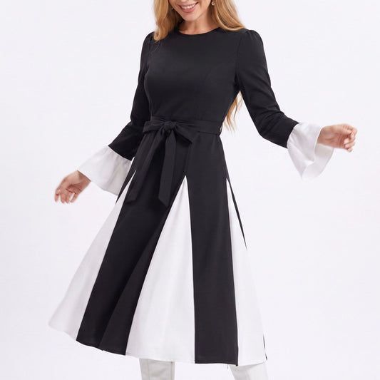 Color Block Belted Long Sleeve Fit and Flare Midi Dress