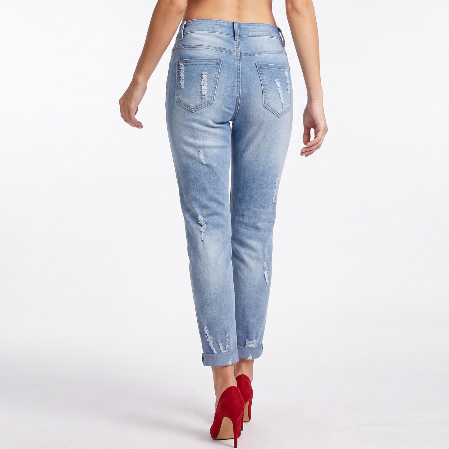 Rose Embroidered Distressed Denim Jeans Rolled Cuff Slim Fit Pants
