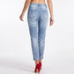 Rose Embroidered Distressed Denim Jeans Rolled Cuff Slim Fit Pants