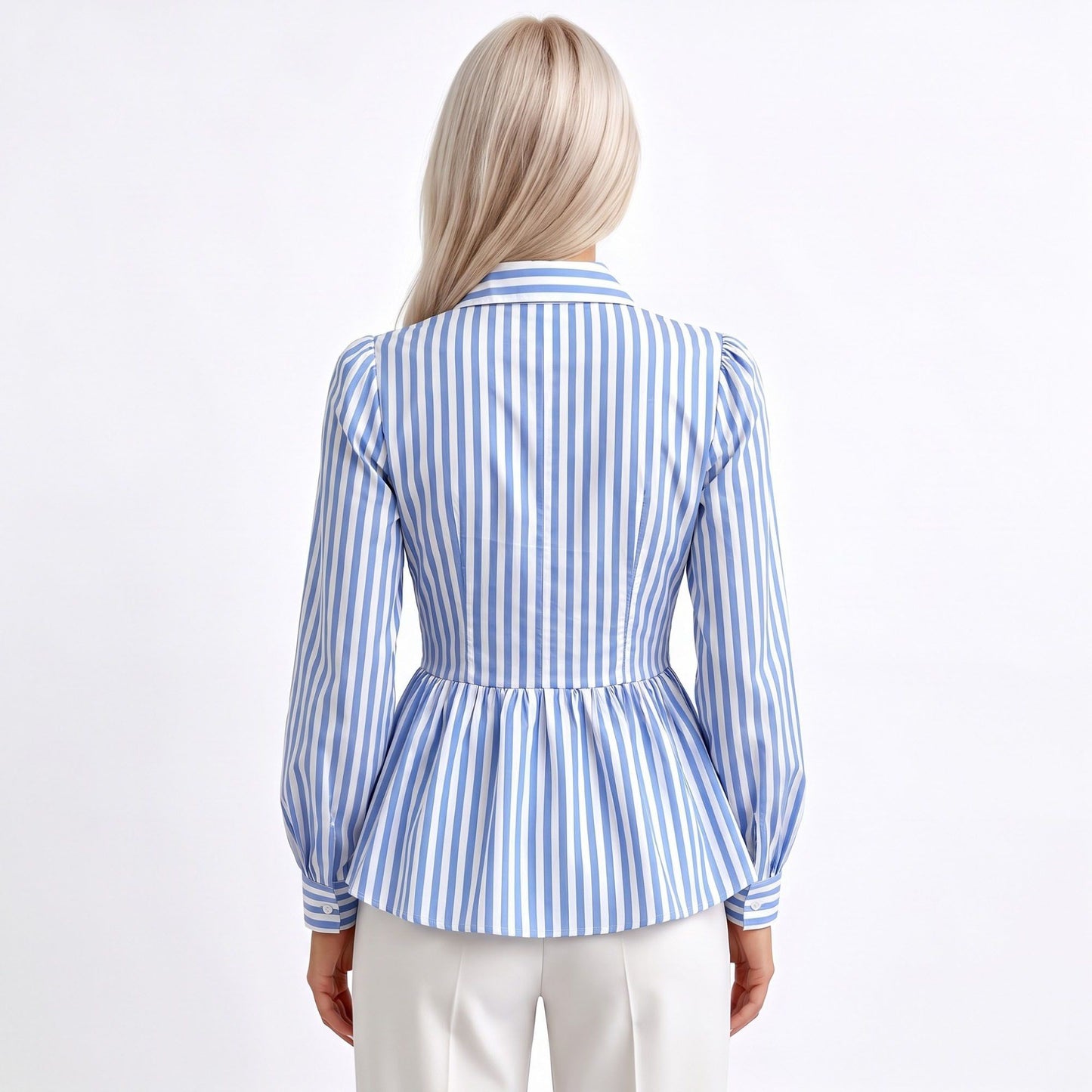 Striped Long Sleeve Button Down Peplum Shirt with Collared Neckline