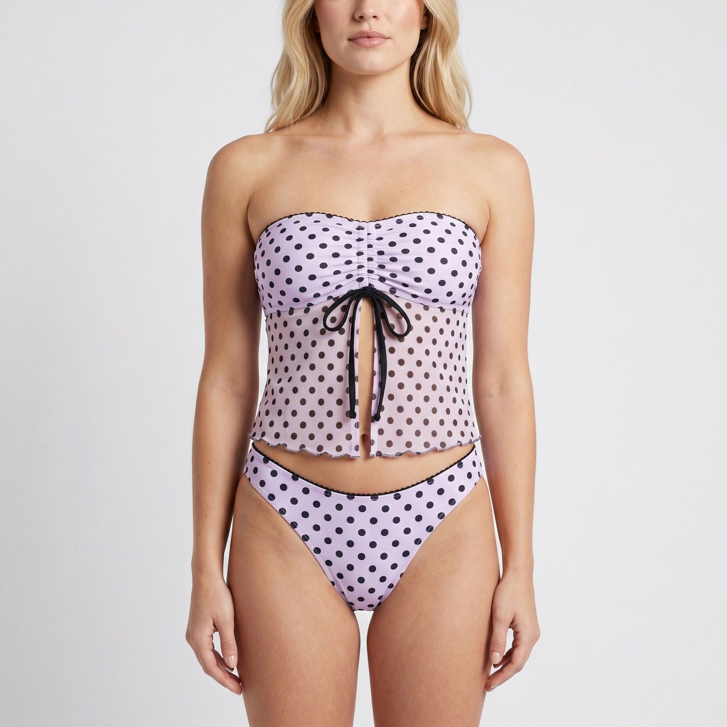 Polka Dot 2-Piece Tankini Swimsuit Set with Adjustable Halter Strap Bow Detail Ruched Bust and Mid Rise Bottom
