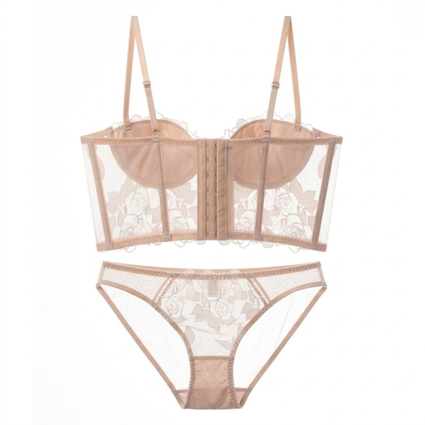 2 Piece Rose Lace Longline Underwire Bra and Panty Lingerie Set