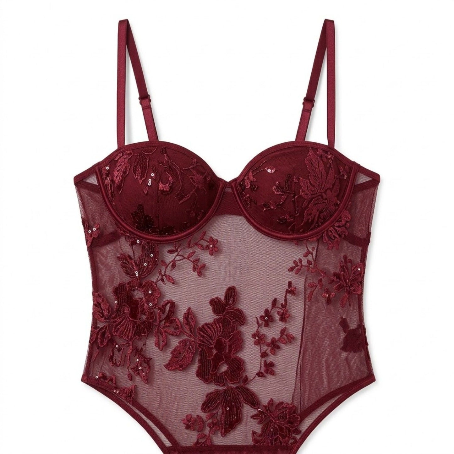 Floral Sequin Mesh Bodysuit with Underwire Cups and Adjustable Straps