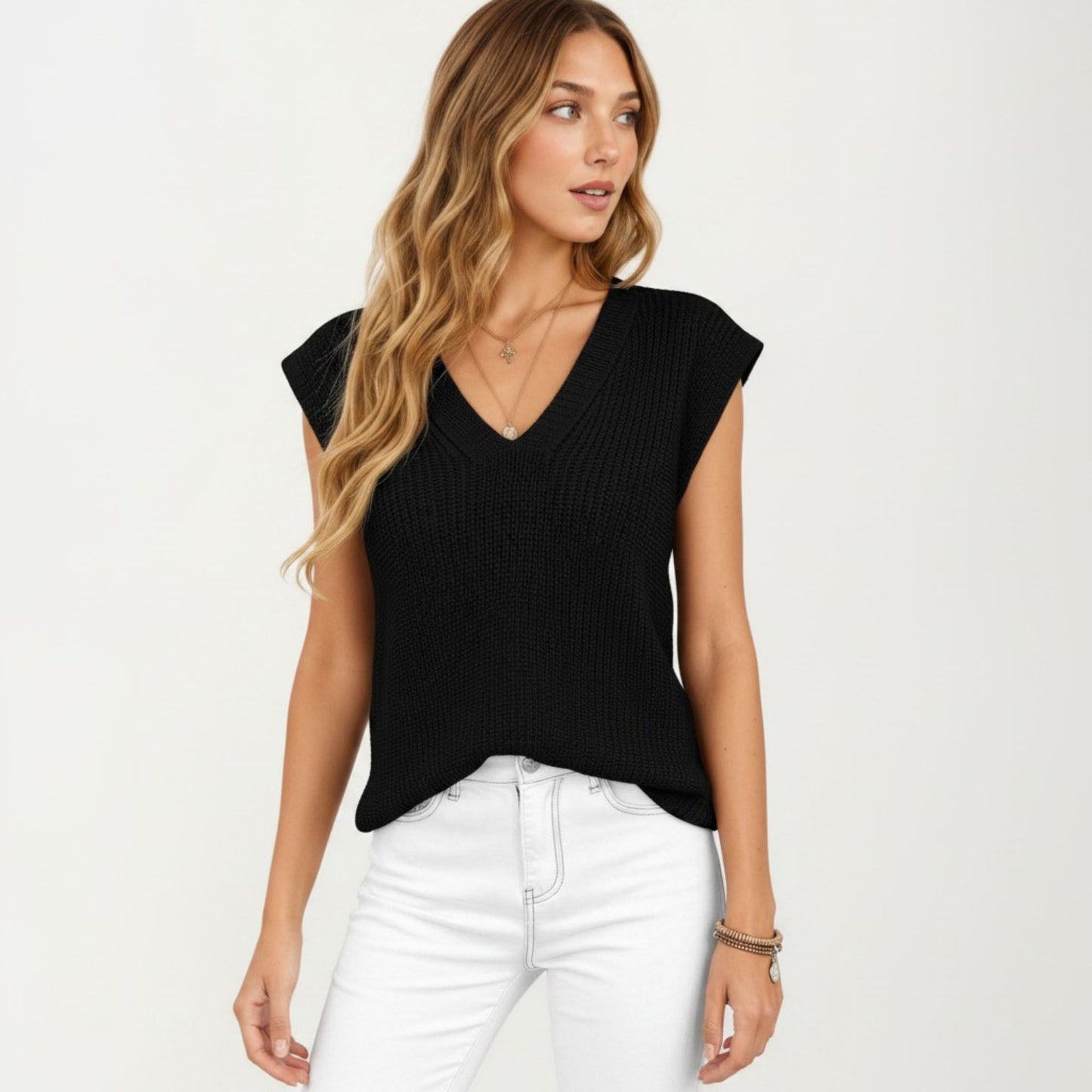 Sleeveless Knit Sweater Vest with V Neck Ribbed Trim Relaxed Fit Textured Pullover Top