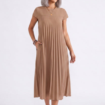 Crew Neck Short Sleeve Accordion Pleated Midi Dress
