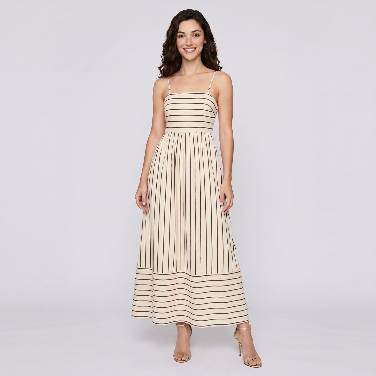 Striped Square Neck Sleeveless Maxi Dress with Fitted Bodice Adjustable Straps and Flowy Tiered A-Line Skirt