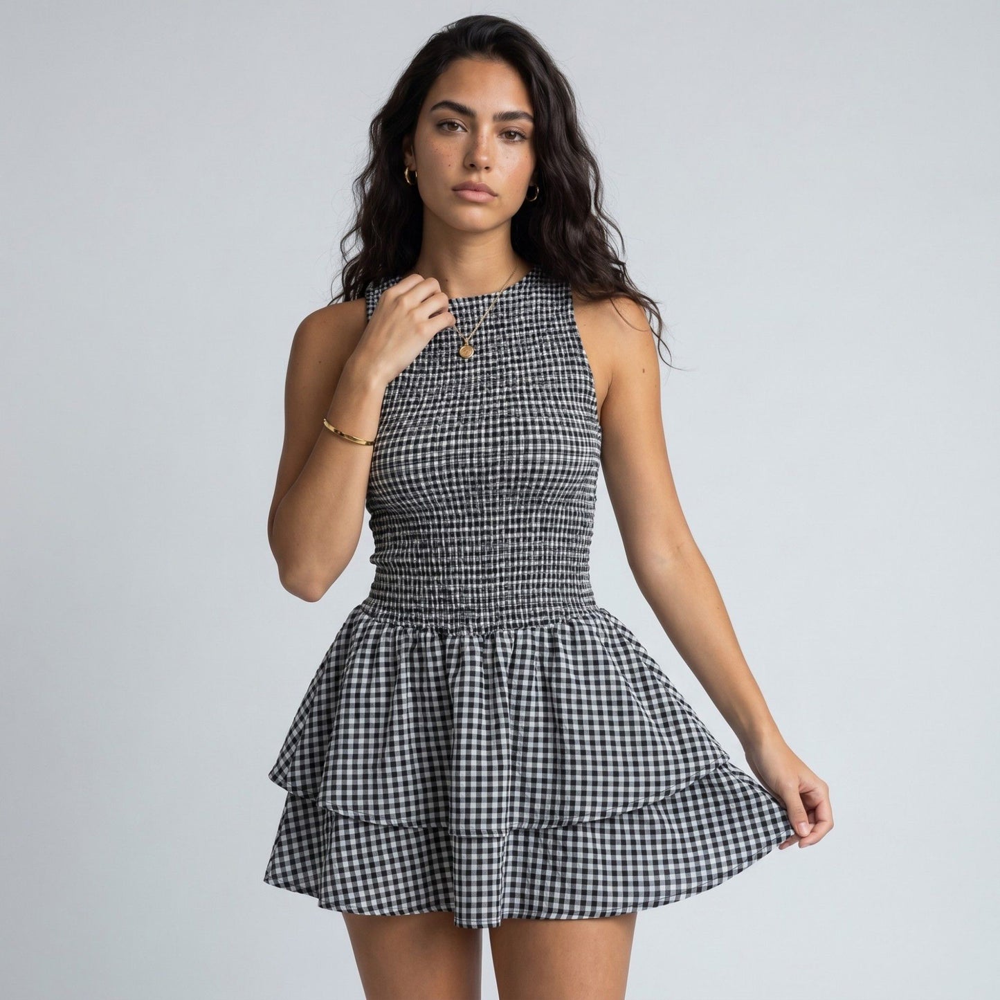 Gingham Sleeveless Smocked Mini Dress with Tiered Ruffle Skirt
