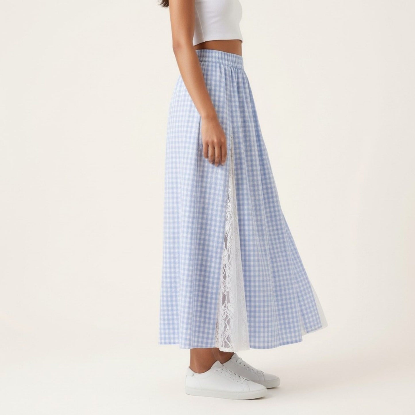 Gingham Maxi Skirt Lace Panel High Waist A Line Flowy Lightweight Casual Skirt