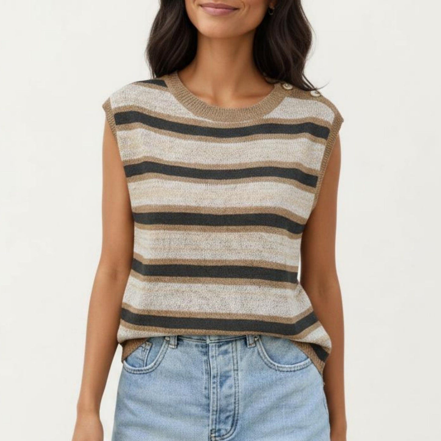 Sleeveless Striped Knit Top with Shoulder Button Detail and Relaxed Fit