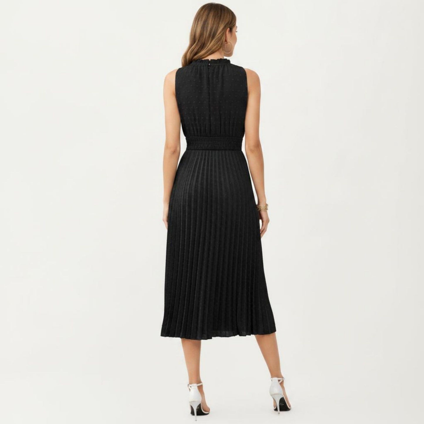 Sleeveless Midi Dress with Pleated Skirt and Tie Neck Detail