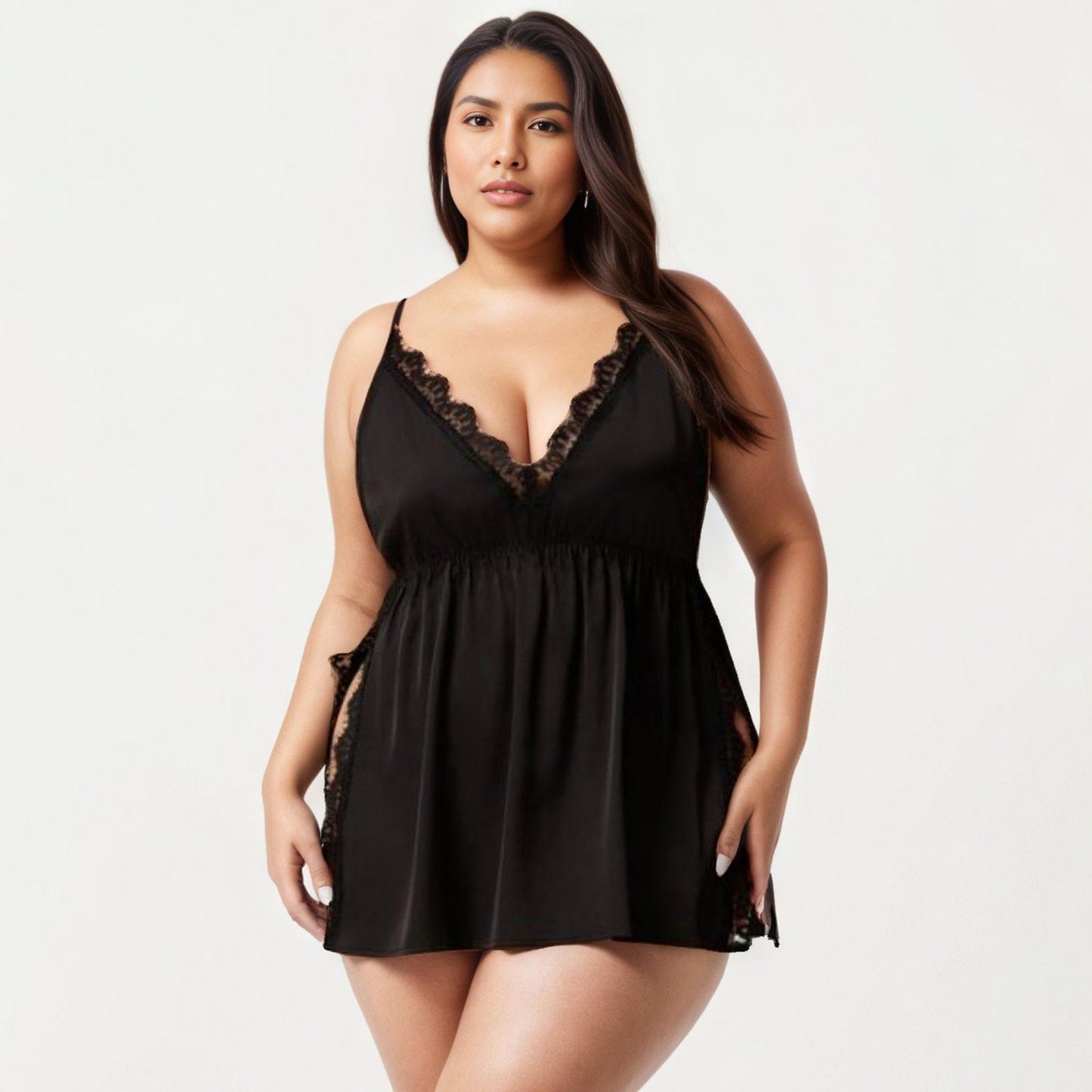 Plus Size Babydoll Chemise Lace Trim Nightgown Adjustable Strap Flowy Sleep Dress