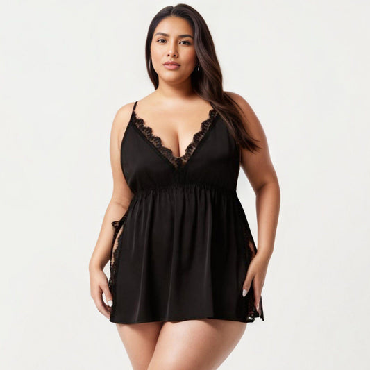 Plus Size Babydoll Chemise Lace Trim Nightgown Adjustable Strap Flowy Sleep Dress