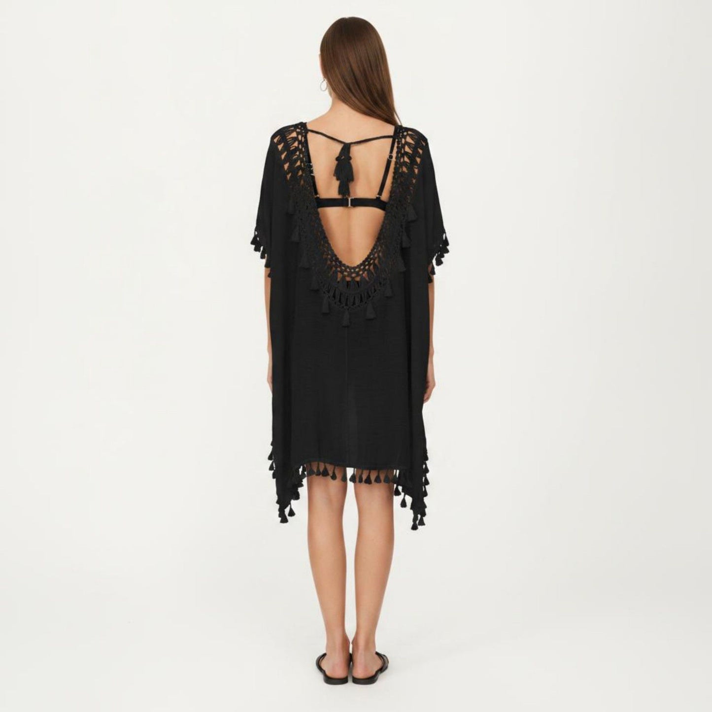 Sheer Crochet V Neck Swim Cover Up Poncho with Tassel Trim and Flowy Silhouette