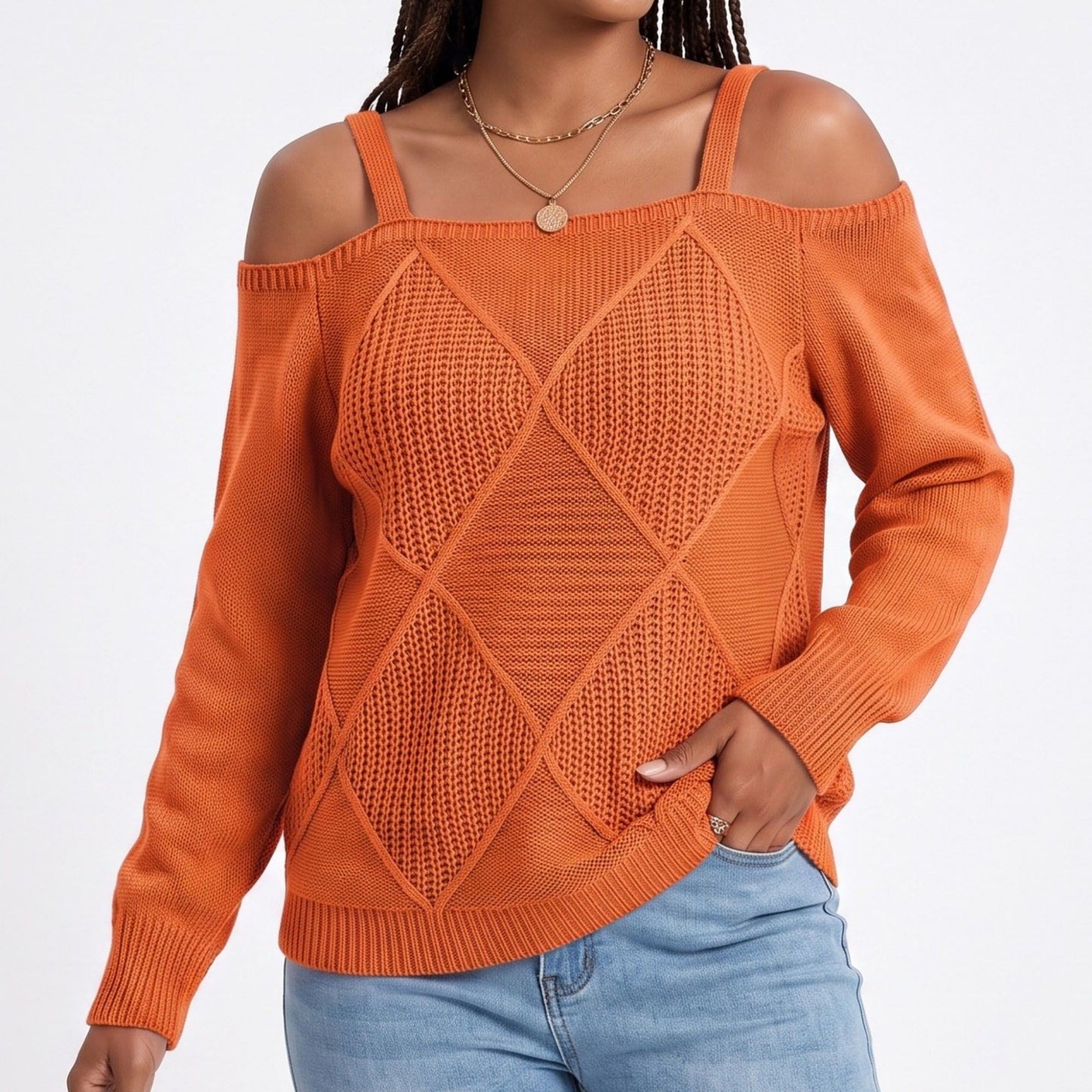 Cold Shoulder Strap Argyle Textured Long Sleeve Knit Sweater