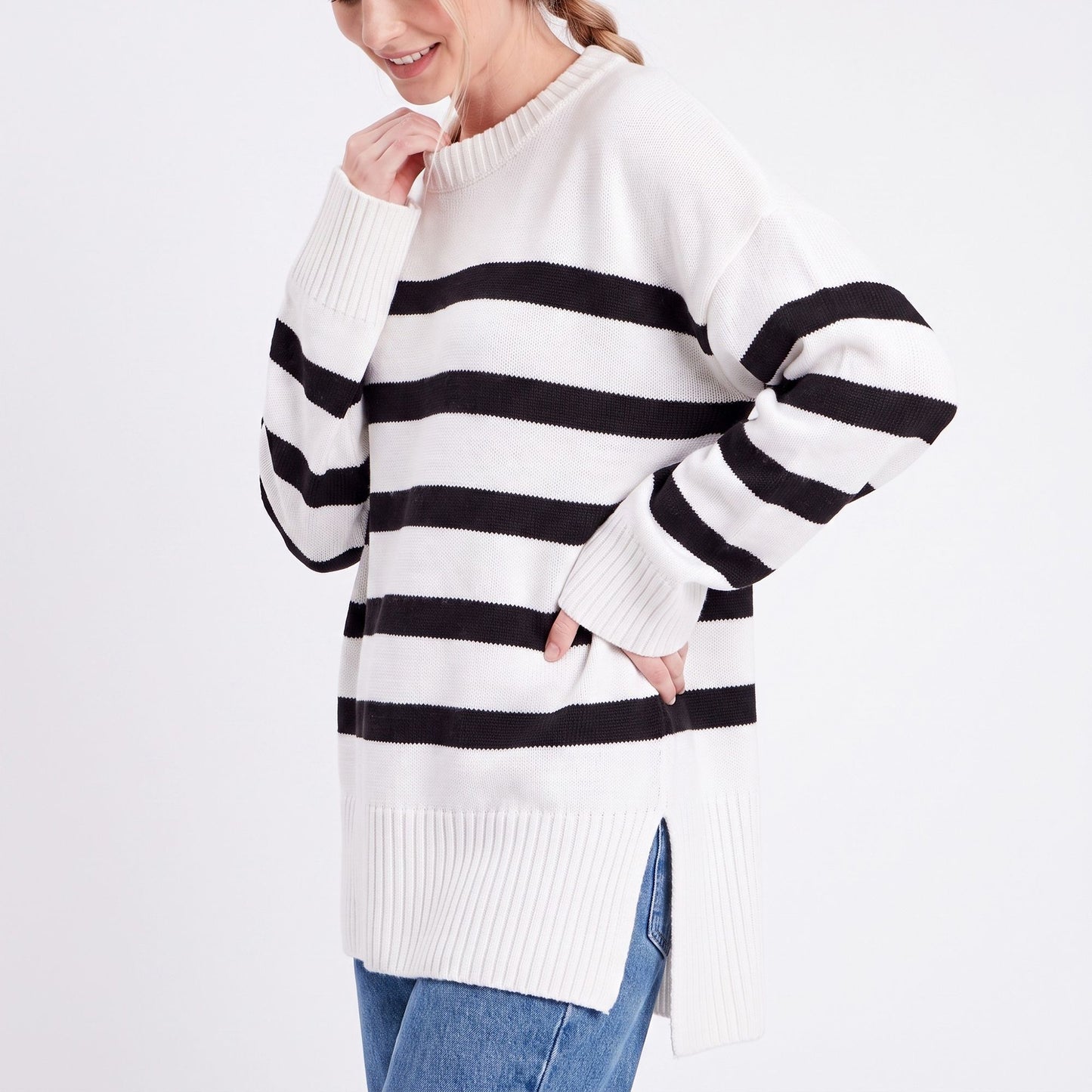 Oversized Striped Crewneck Side Slit Tunic Sweater