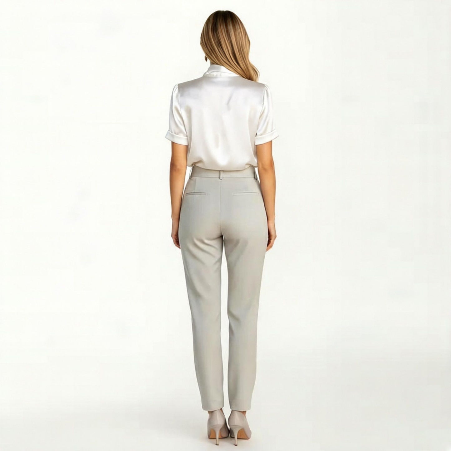 Satin Bow Neck Blouse with Short Sleeves and Smooth Draped Finish