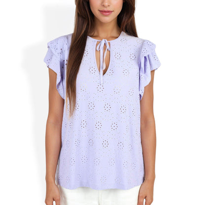 Eyelet Ruffle Sleeve Top with Keyhole Tie Front