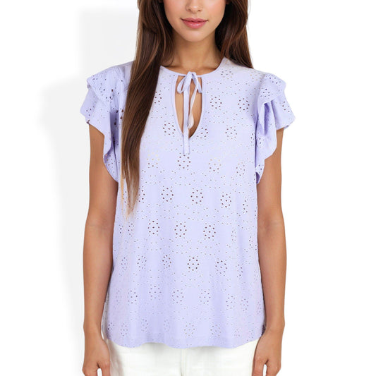 Eyelet Ruffle Sleeve Top with Keyhole Tie Front