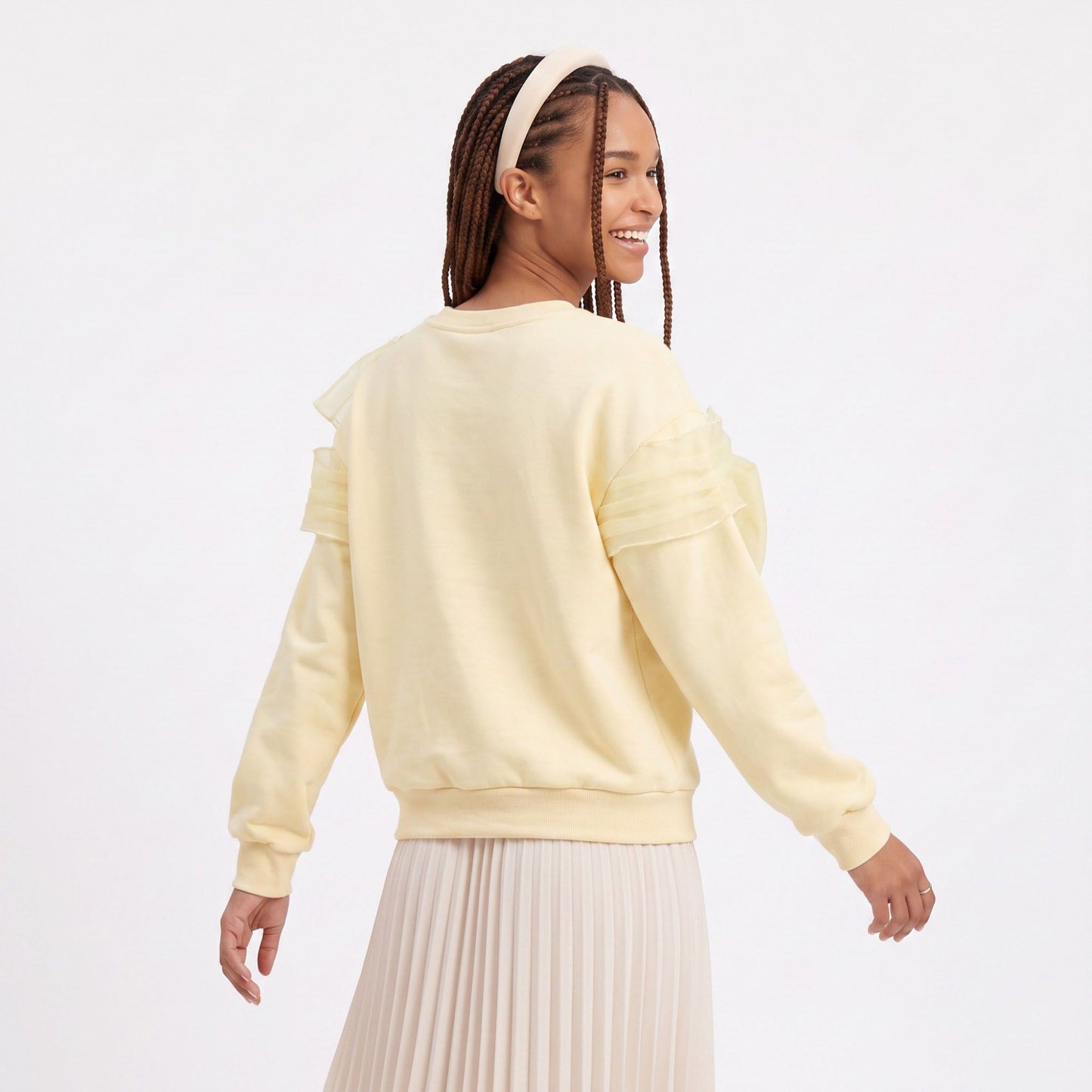 Crewneck Sweatshirt Oversized Sheer Bow Detail Long Sleeve Relaxed Fit