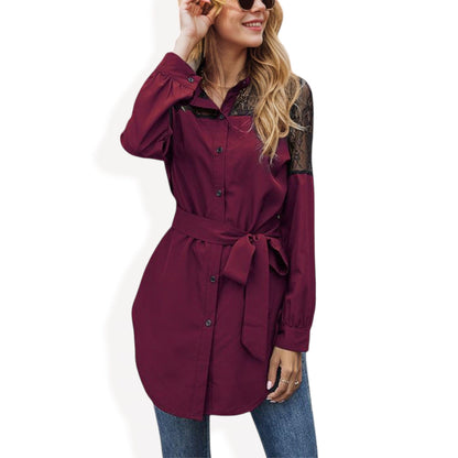 Long Sleeve Button-Up Tunic Shirt with Lace Panels Waist Tie