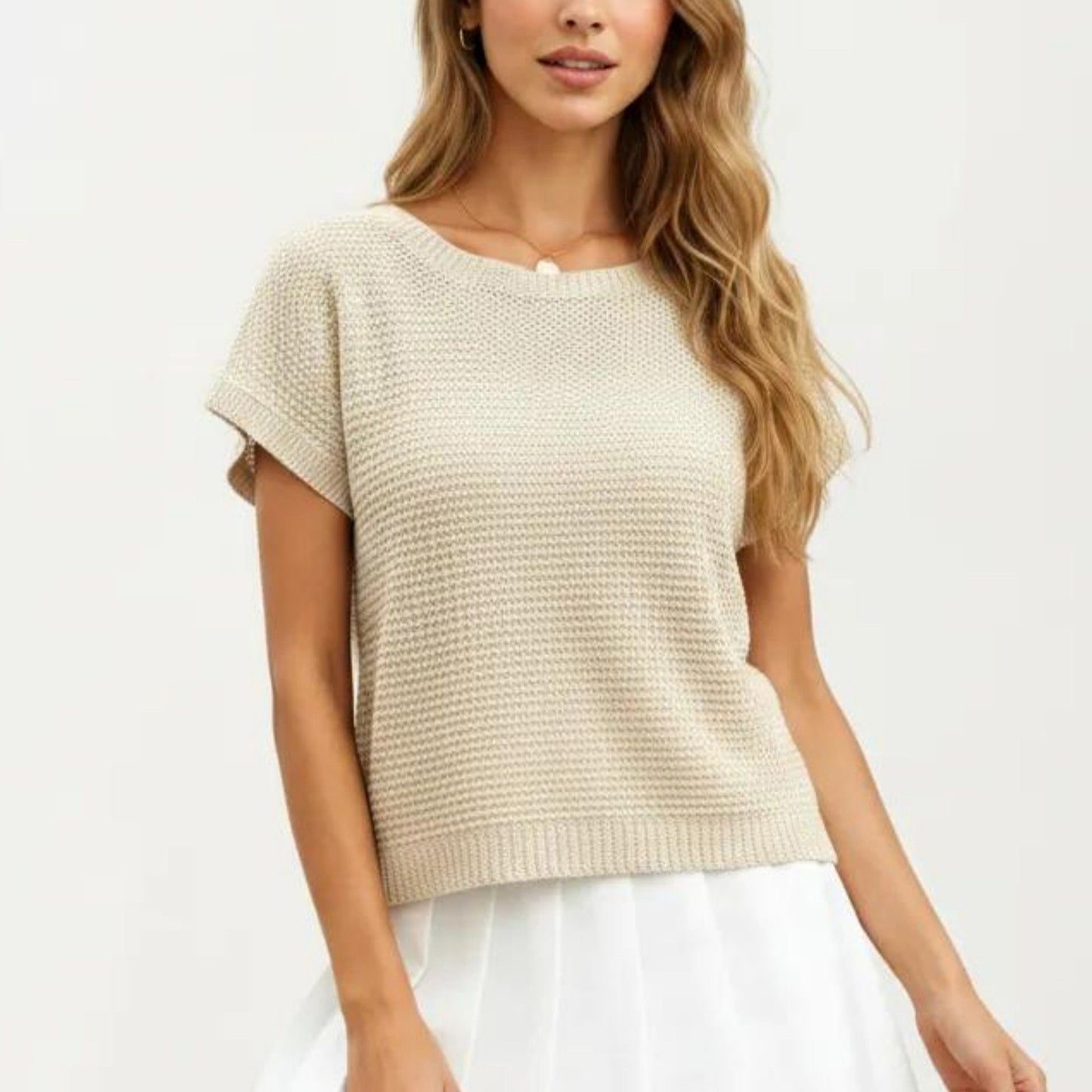 Short Sleeve Textured Knit Top with Crew Neck Ribbed Trim and Relaxed Fit