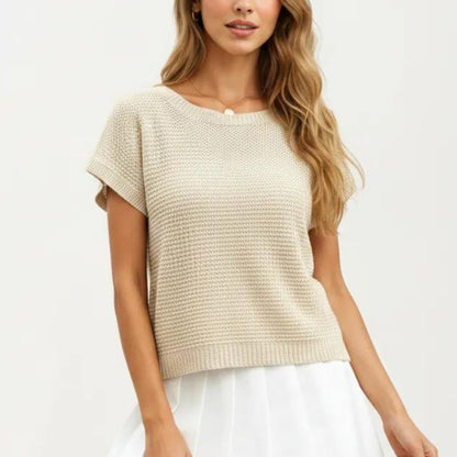 Short Sleeve Textured Knit Top with Crew Neck Ribbed Trim and Relaxed Fit