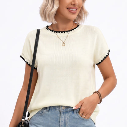Short Sleeve Sweater Top Scallop Trim Crew Neck Knit Blouse