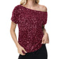 Off-Shoulder Sequin Short Sleeve Top with Relaxed Fit