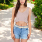 Ribbed Knit Crop Top with V-Neck and Eyelet Detailing