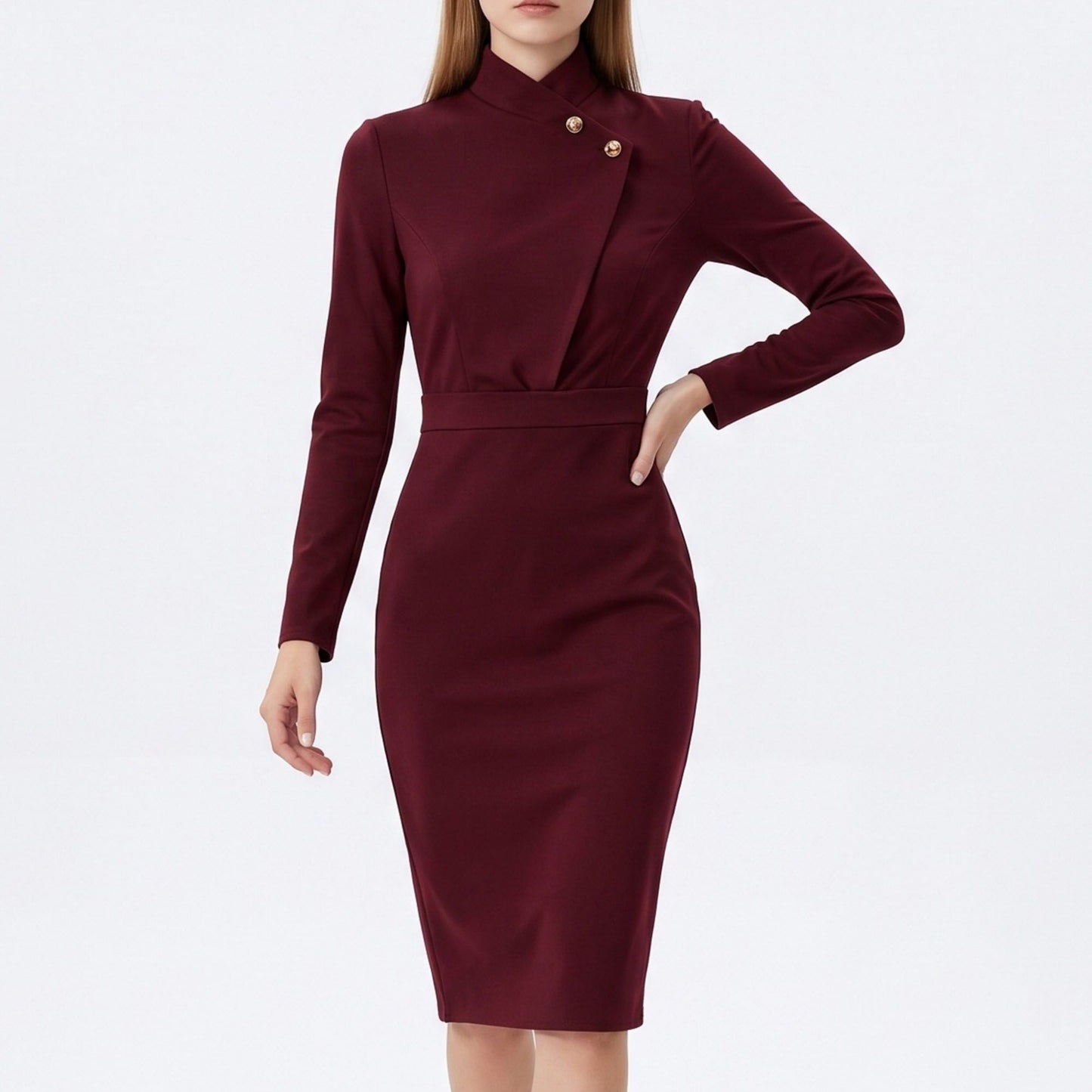 Long Sleeve Stand Collar Sheath Dress with Asymmetric Button Detail