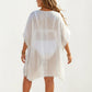 Swim Cover Up Dress with Crochet Cutout Neckline Pom Trim Hem Loose Short Sleeves Relaxed Fit