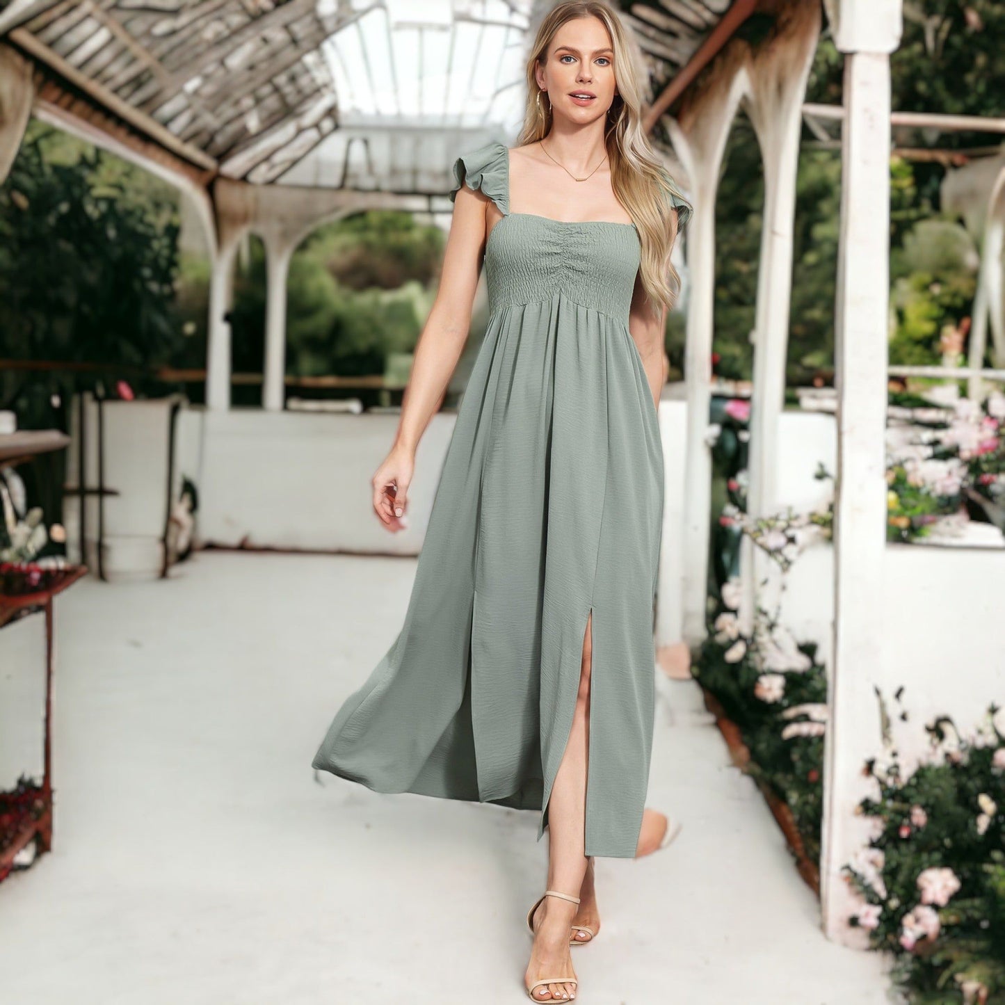 Ruffled Cap Sleeve Maxi Slit Dress