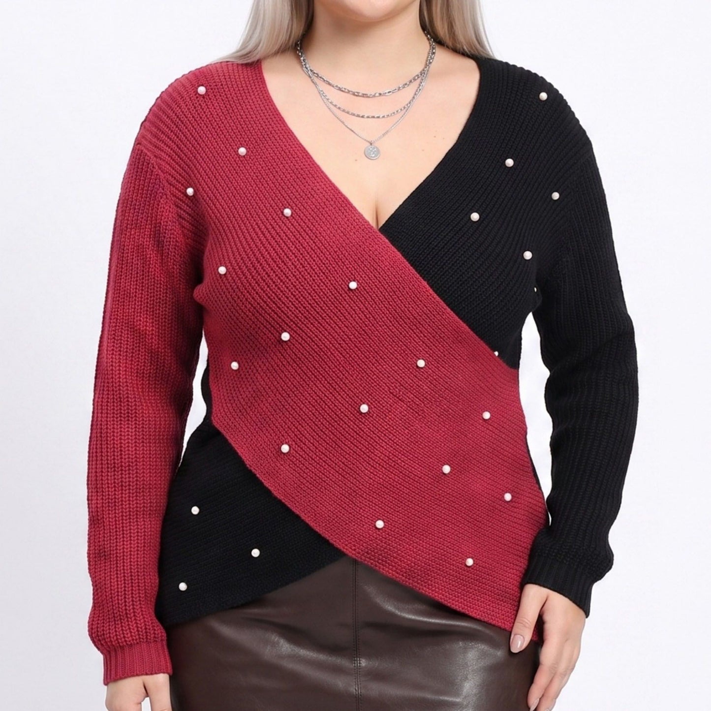 Plus Size Faux Pearl Colorblock Wrap Front Sweater