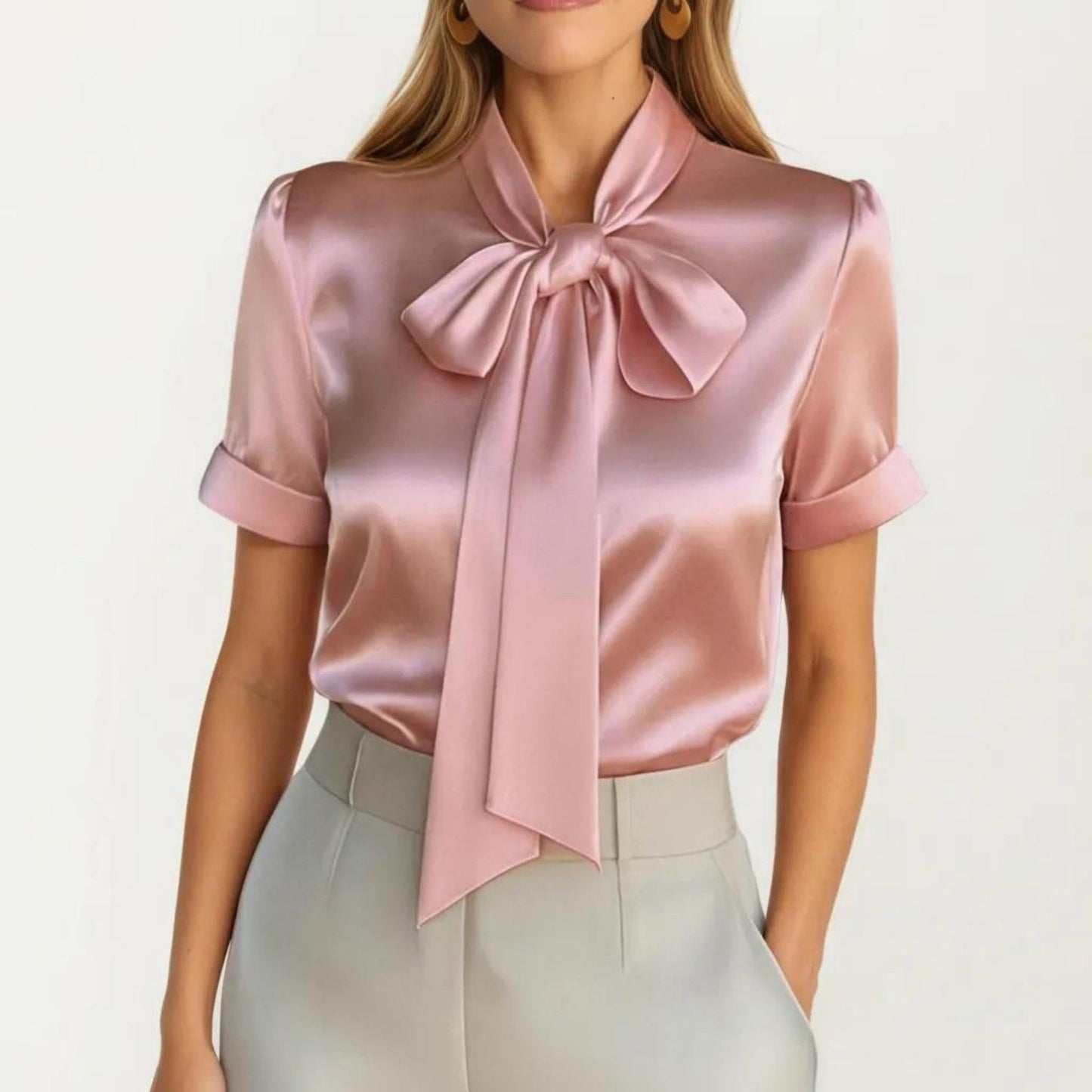 Satin Bow Neck Blouse with Short Sleeves and Smooth Draped Finish