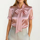 Satin Bow Neck Blouse with Short Sleeves and Smooth Draped Finish