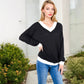 V-Neck Waffle Knit Long Sleeve Top Contrast Trim Relaxed Fit