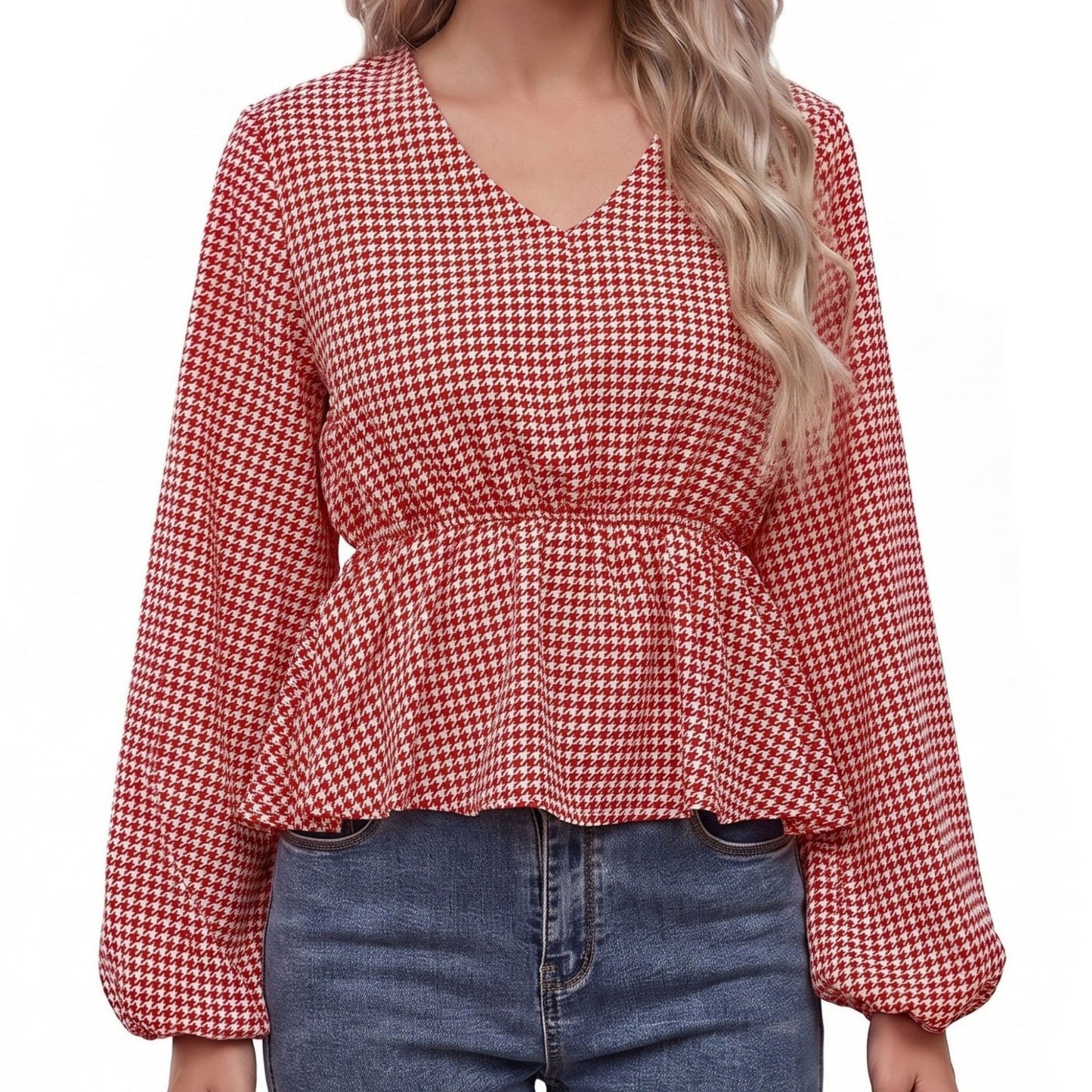 Houndstooth Peplum Blouse V Neck Long Sleeve Top